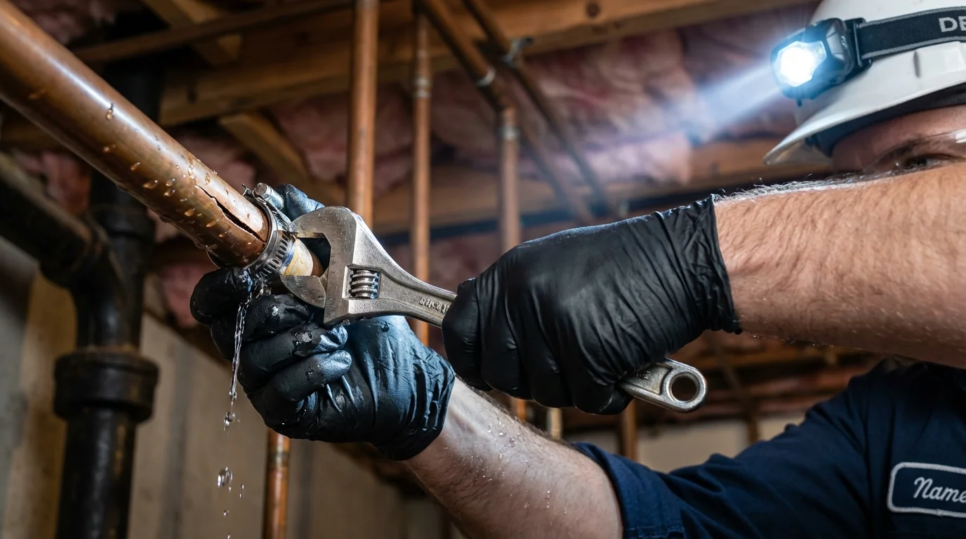 Emergency pipe clamp repair being performed by a Johns Plumbing LLC plumber in Deshler
