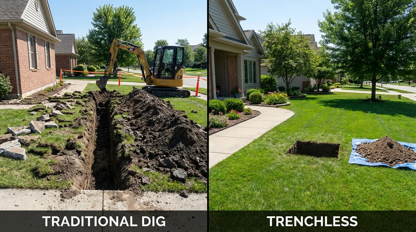 Trenchless sewer repair with minimal yard damage versus traditional excavation in Deshler, OH