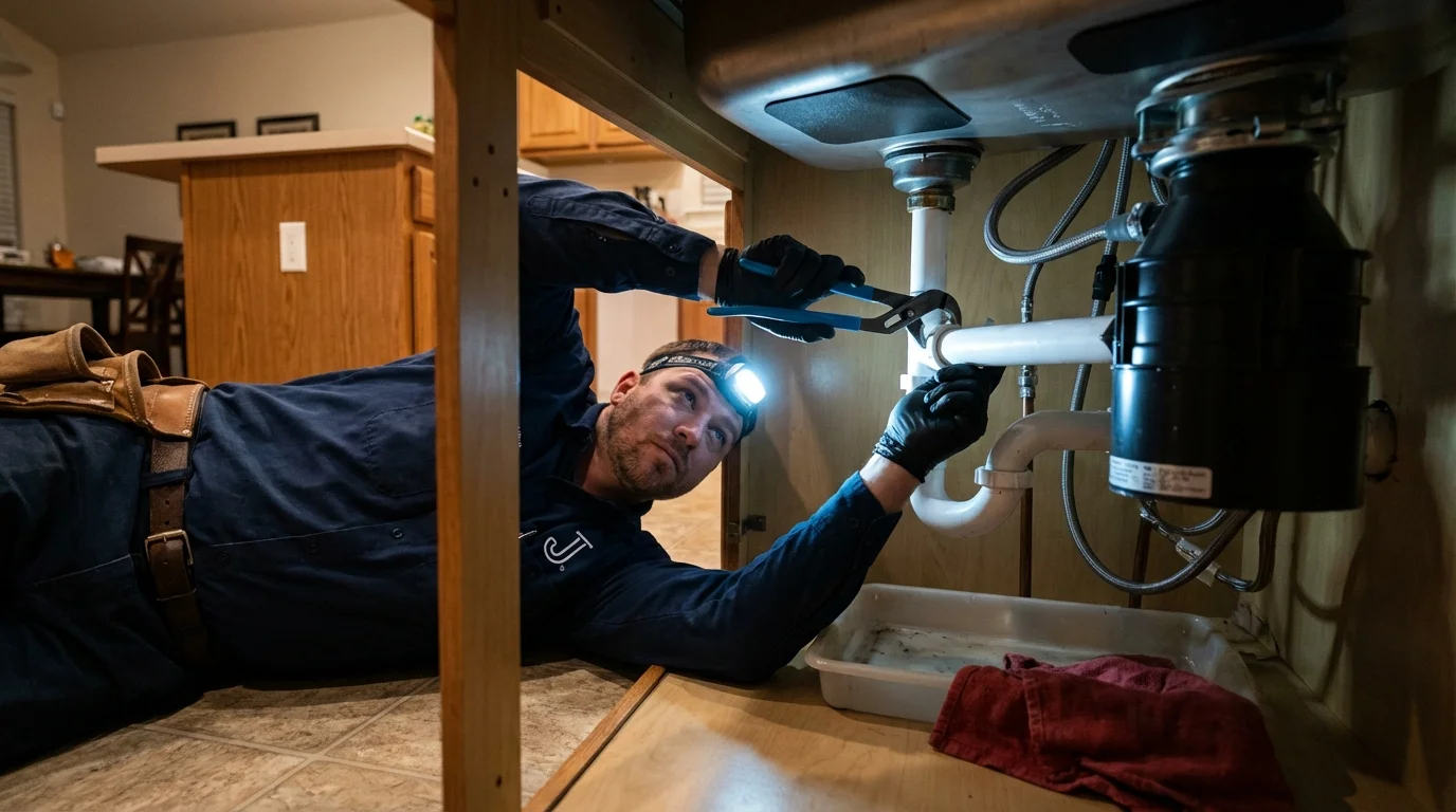 P-trap and supply line connections under a kitchen sink showing a common leak point in Deshler, OH